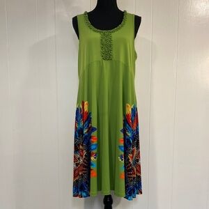 OneWorld Green Sleeveless Dress | Feather Print Border | Boho | Size L